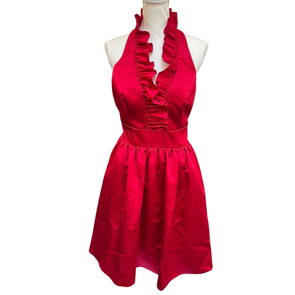 Wtoo by Watters Red Ruffle Neck Dress Size 10 Vintage Full Flare Skirt GUC